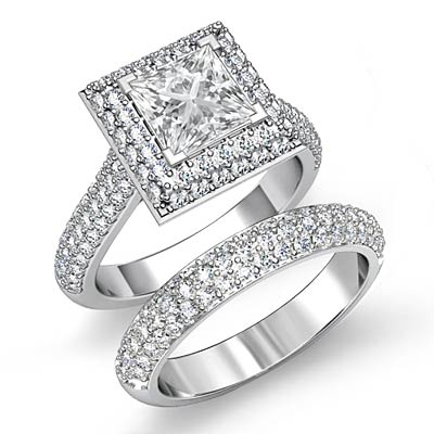 Flashy Bridal Set Princess Diamond Pave Engagement Ring GIA G SI1 ...