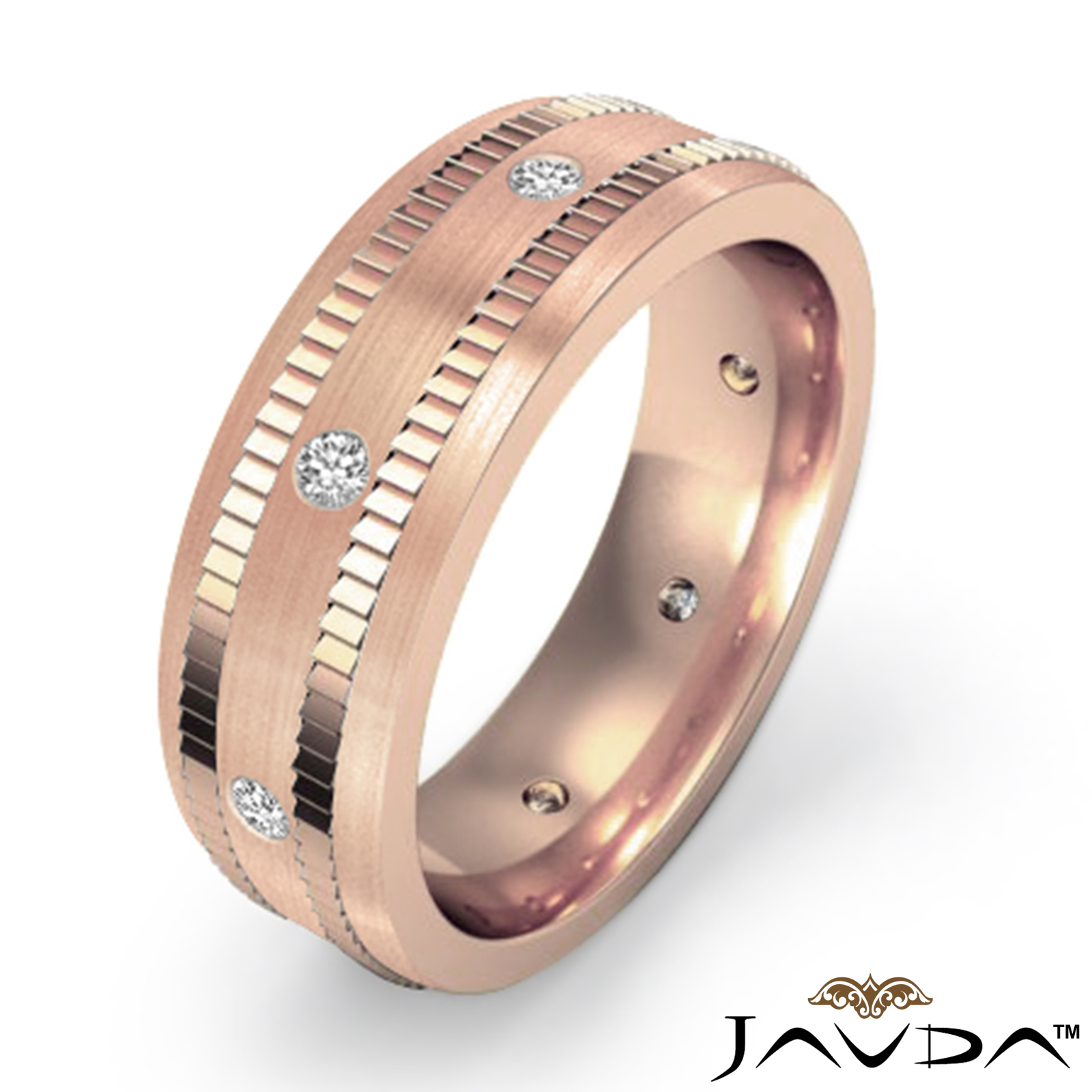 Ribbed Edges Matte Diamond Eternity Men's Wedding Band 14k Rose Gold (0 ...