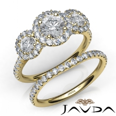 3 Stone Halo Bridal Set Pave diamond Ring 14k Gold Yellow