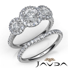3 Stone Halo Bridal Set Pave diamond Ring 18k Gold White