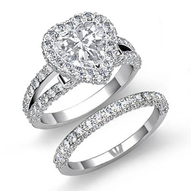 Split Shank Wedding Set Heart Diamond Engagement Ring 14k White Gold 3 ...