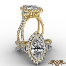 French Pave Halo Three Stone diamond Ring 18k Gold Yellow