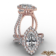 French Pave Halo Three Stone diamond Ring 18k Rose Gold