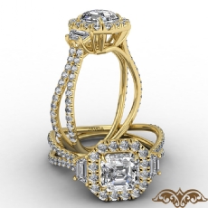 Claw Prong Three Stone Halo diamond Ring 14k Gold Yellow