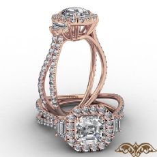 Claw Prong Three Stone Halo diamond Ring 18k Rose Gold