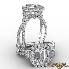Baguette Three Stone Halo Pave diamond Ring 18k Gold White