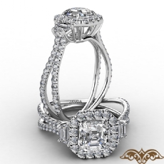 Baguette Three Stone Halo Pave diamond Ring 18k Gold White