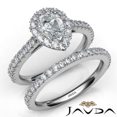 French Pave Bridal Set Halo diamond Ring 18k Gold White