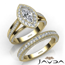 Trio Band Halo Pave Bridal Set diamond Ring 14k Gold Yellow