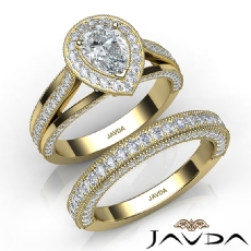 Milgrain Halo Bezel Bridal Set diamond Ring 14k Gold Yellow
