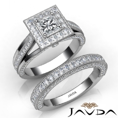 Bezel Halo Milgrain Bridal Set diamond Ring 18k Gold White