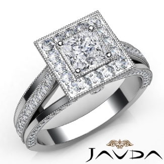Halo Pave Diamond Engagement Princess SemiMount Millgrain Ring Platinum 0.9Ct