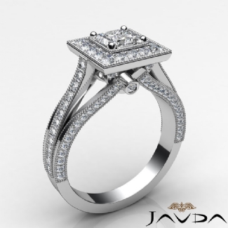 Halo Pave Diamond Engagement Princess SemiMount Millgrain Ring Platinum 0.9Ct
