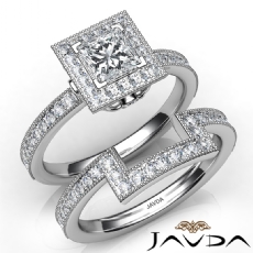 Milgrain Edge Halo Bridal Set diamond Ring 14k Gold White