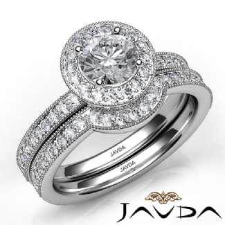 Halo Pave Diamond Engagement Ring Round Bridal Set Platinum Semi Mount 1Ct