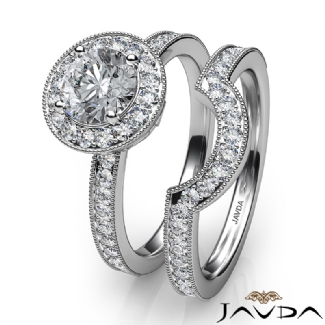 Halo Pave Diamond Engagement Ring Round Bridal Set Platinum Semi Mount 1Ct