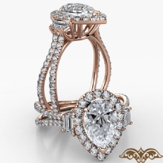 Baguette 3 Stone Basket Halo diamond Ring 18k Rose Gold