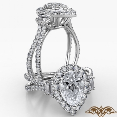 Baguette 3 Stone Basket Halo diamond Ring 18k Gold White