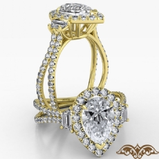 Baguette 3 Stone Basket Halo diamond Ring 14k Gold Yellow
