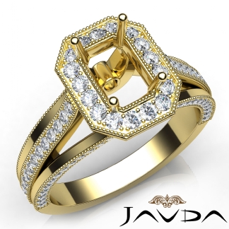 Halo Pave Diamond Engagement Emerald Semi Mount Millgrain Ring 18k Gold Yellow 0.9Ct