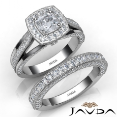 Halo Pave Milgrain Bridal Set diamond Ring Platinum 950