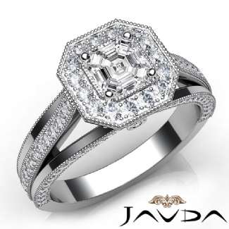 Halo Pave Diamond Engagement Asscher Semi Mount Millgrain Ring Platinum 0.9Ct
