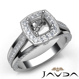 Halo Pave Diamond Engagement Cushion Semi Mount Millgrain Ring 14k Gold White 0.9Ct