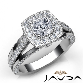 Halo Pave Diamond Engagement Cushion Semi Mount Millgrain Ring Platinum 0.9Ct