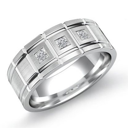 Grooved Matte Diamond Men's Half Wedding Band 14k White Gold 0.20 Ct