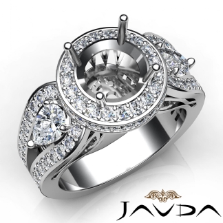 3 Stone Round Diamond Vintage style Engagement Halo Ring Set 14k Gold White Semi-Mount 1.85Ct