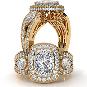Circa Halo 3 Stone Filigree diamond Ring 14k Gold Yellow