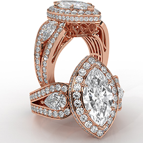 Vintage Inspired 3 Stone Halo diamond  14k Rose Gold
