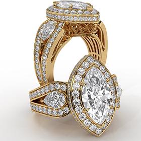 Vintage Inspired 3 Stone Halo diamond  18k Gold Yellow