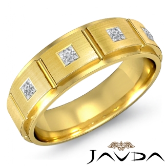 7mm Men's Princess Diamond Half Wedding Band Solid Ring 18k Gold Yellow 0.3Ct