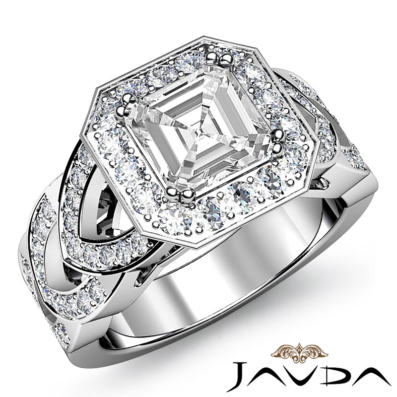 Halo Pave V-Shaped Shank Asscher Diamond Engagement Ring 14k White Gold ...