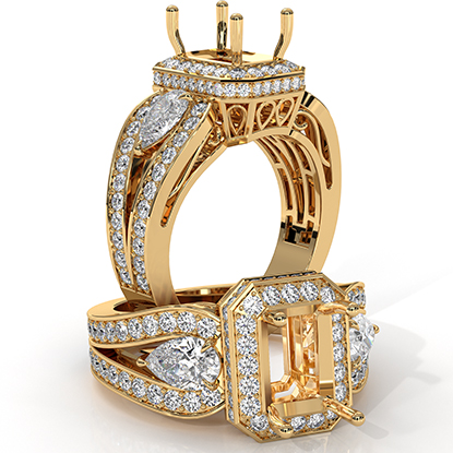 Radiant Diamond Engagement Halo 3Stone Ring Set 14k Gold Semi Mount  (1.85Ct. tw.)