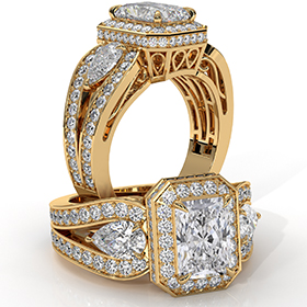 Three Stone Halo diamond Ring 14k Gold Yellow