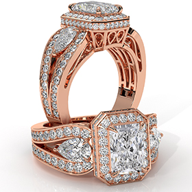Three Stone Halo diamond Ring 18k Rose Gold