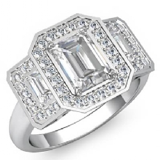 Halo Three Stone Sidestone diamond Ring 14k Gold White