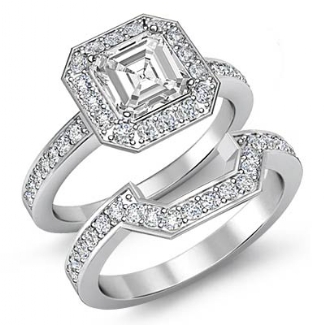 1.4 Ct Diamond Engagement Halo Ring Asscher Bridal Sets 14k White Gold Setting