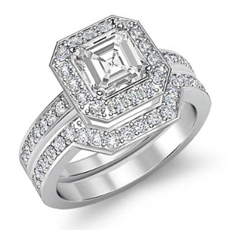 1.4 Ct Diamond Engagement Halo Ring Asscher Bridal Sets 14k White Gold Setting