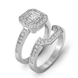 1.4 Ct Diamond Engagement Halo Ring Asscher Bridal Sets 14k White Gold Setting