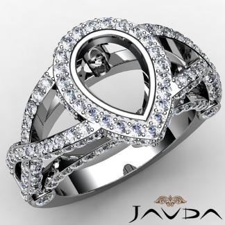 Pear Semi Mount Diamond Engagement Ring Halo Pave Setting 14k Gold White 1.36Ct