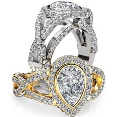 Bezel Halo Pave Twisted Shank diamond Ring 18k Gold White